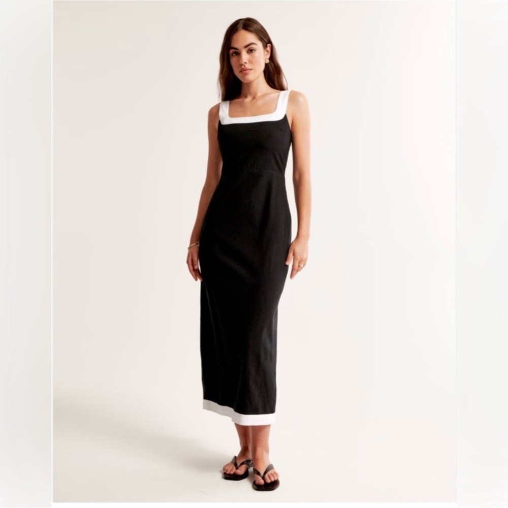 Abercrombie Linen Blend Squareneck Column Dress. Black. Size XXS
